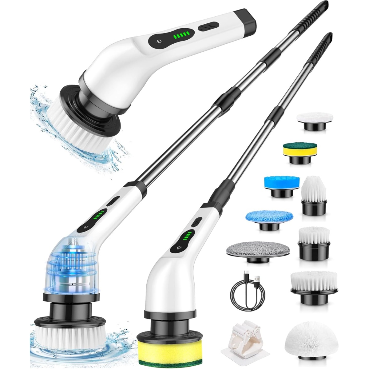 Electric Spin Scrubber, Adjustable Electric Cleaning Brush with 3 Lengths Extension Handle & 7 Replaceable Brush Heads, Cordless Bathroom Scrubber for Tub, Tile, Floor, Wall, Window, Grout
